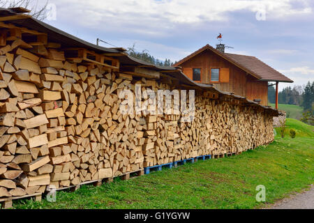 Stack of logs for firewood seasoning under tin sheets Stock Photo