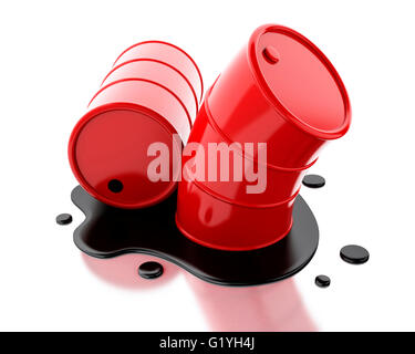 3d renderer image. Two red barrels with oil spilled. Isolated white background. Stock Photo