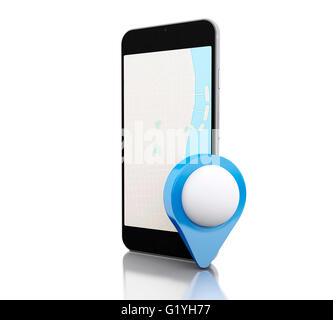 3d renderer image. Smartphone with a map and green map pointer ...