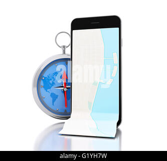 3d renderer image. Smartphone with a map, red pointer and a compass ...
