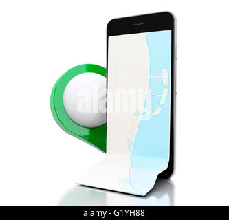 3d renderer image. Smartphone with a map, blue pointer and planned ...