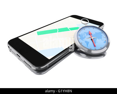 3d renderer image. Smartphone with a map, red pointer and a compass ...