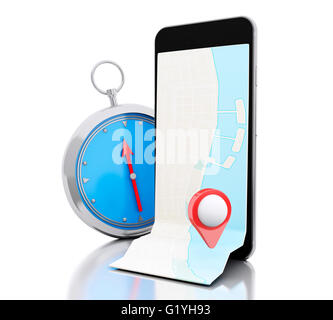 3d renderer image. Smartphone with a map, red pointer and a compass ...