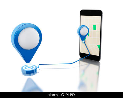 3d renderer image. Smartphone with a map, blue pointer and planned route on screen. Navigation concept. Isolated white backgroun Stock Photo