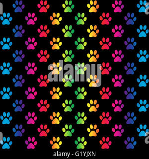 Paw prints in gradient rainbow colors, on black background, a seamless pattern Stock Photo