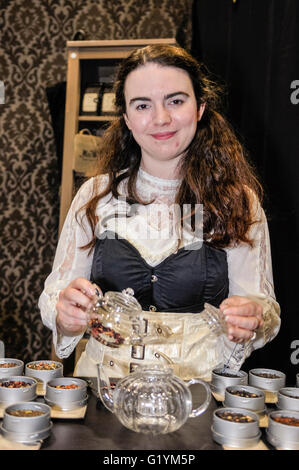 A young lady prepares teas at a traditional English tea emporioum. Stock Photo