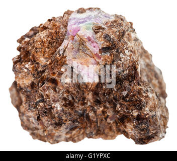 macro shooting of natural mineral stone - corundum crystal on phlogopite mineral isolated on white background Stock Photo