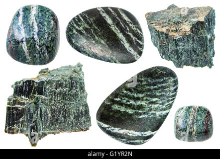 set of various natural mineral stones - Chrysotile (green asbestos, serpentine asbestos, white asbestos) gemstones isolated on w Stock Photo