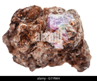 macro shooting of natural mineral stone - corundum crystal on stone of phlogopite isolated on white background Stock Photo