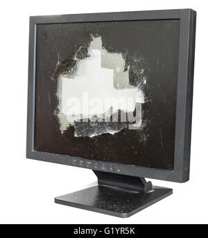 broken monitor with damaged glass screen isolated on white background Stock Photo