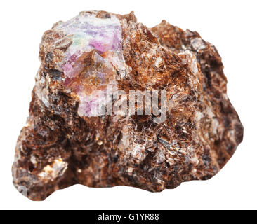 macro shooting of natural mineral stone - corundum crystal on rock of phlogopite isolated on white background Stock Photo