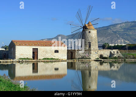 Saltworks, isola Grande island, windmill, Saline of Trapani, salt, nature reserve, Stagnone of Marsala, Sicily, Italy, Europe Stock Photo