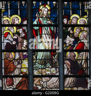 LIER, BELGIUM - MAY 16, 2015: Stained Glass window in St Gummarus Church in Lier, Belgium, depicting the Sermon on the Mount Stock Photo