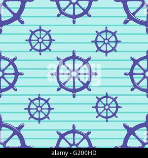 Seamless pattern with steering wheel on striped blue background. Stock Vector
