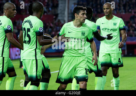 Jesus Navas of Manchester City (C ) celebrates during the UEFA Champions League Group D soccer match between Sevilla FC and Manchester City at Estadio Ramon Sanchez Pizjuan in Sevilla, Spain, 3 November, 2015 Stock Photo