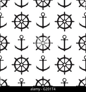 Seamless pattern with steering wheel and anchor on white background. Stock Vector