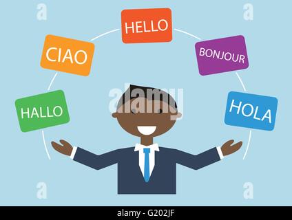Concept of multi-lingual business man speaking many different languages Stock Vector