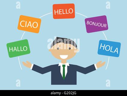 Concept of multi-lingual business man speaking many different languages Stock Vector