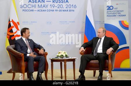 Russian President Vladimir Putin and Sultan Hassanal Bolkiah of Brunei during a bilateral meeting on the sidelines of the ASEAN-Russia Summit at the Radisson Blu Resort & Congress Centre May 19, 2016 in Sochi, Russia. Stock Photo
