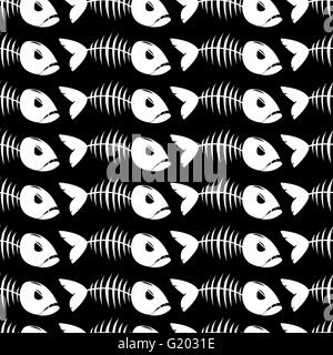Seamless pattern with fish skeleton on black background. Stock Vector
