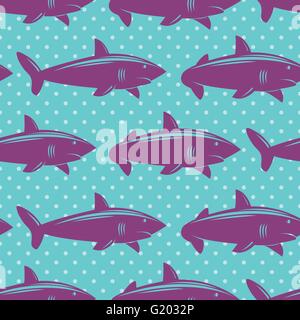 Seamless pattern with violet sharks on blue dotted background Stock Vector