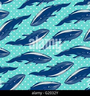 Seamless pattern with whales on blue dotted background Stock Vector
