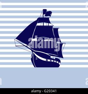 Sailing ship on strip background in the sea Stock Vector