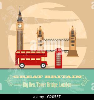 United Kingdom of Great Britain landmarks. Retro styled image. Vector illustration Stock Vector