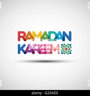 Vector Illustration of Ramadan Kareem on seamless pattern. Greeting card design with creative multicolored transparent text for Stock Vector