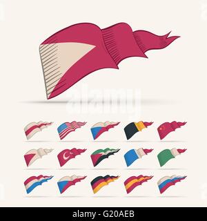 Various vector national triangle flag set. Easy editable global retro colors. Stock Vector