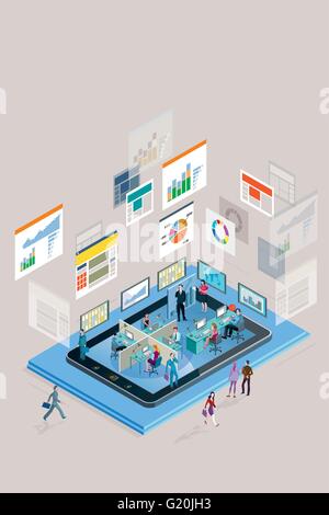 Web analysts working in a company in a smart phone, analyzing graphs, diagram and statistics web. Vertical composition. Stock Vector