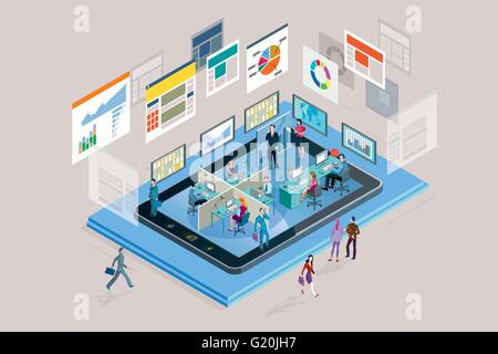 Web analysts working in a company in a mobile phone, analyzing graphs, diagram and statistics web. Stock Vector