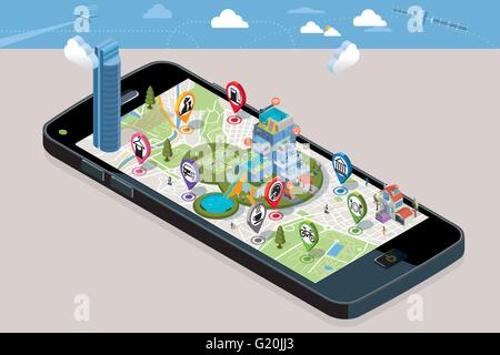 City Map with Pins and an Intelligent House. Smartphone. On it screen a vector map of the city, where  appear pins. Stock Vector