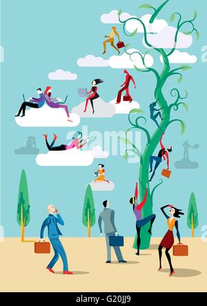 Men and women go up heaven with him Wireless devices by a large plant similar to the story of the Magic Beans. Stock Vector