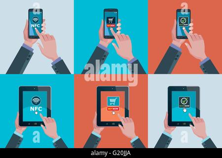 Hands holding touchscreen smart phones and tablets. Mobile applications for booking, buying and FSC. Stock Vector
