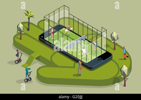 Two young couples of attractive young sport men and sport women playing in a paddle court inside on a giant smart phone. Stock Vector