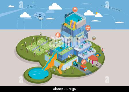 People Living in a Smart residential building. They enjoy all the technological advances at home. Stock Vector