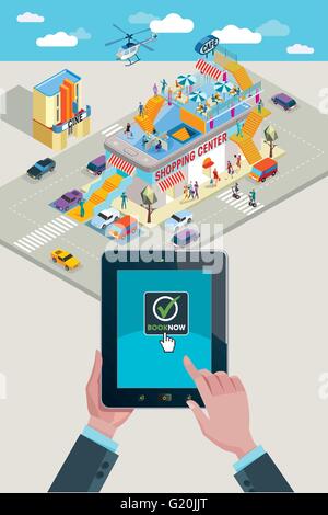 Hands holding touchscreen smart phone and tablet. Mobile applications for booking and buying. Behind a shopping center Stock Vector