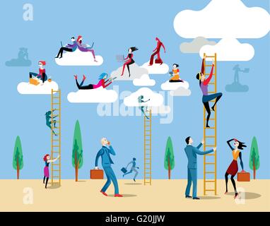 Men and women go up heaven by a ladders to access the cloud from which they work on-line and share information and knowledge. Stock Vector