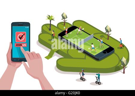 Two young couples playing tennis in a field on a giant smart phone. Hands holding touchscreen smart phone. In the screen a mobil Stock Vector