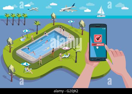 Hands holding touchscreen smart phone. In the screen a mobile applications for booking. Stock Vector