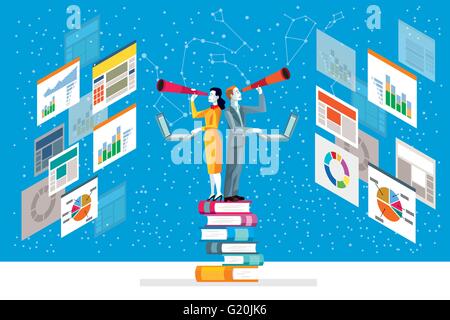 Businessman and businesswoman looking in telescope standing on top of books analyzing graphs, diagram and statistics web. Stock Vector