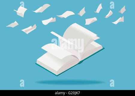 Open book with flying white pages, in isometric perspective. Stock Vector
