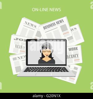 Flat design modern vector illustration concept of business news, video conference with laptop and girl on the background with ne Stock Vector