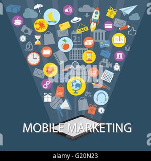 Flat design modern vector illustration concept of mobile banking, shopping, marketing with tablet  and website icons. EPS 10 Stock Vector