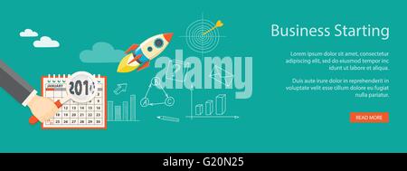 Flat  vector illustration. Banner for website. Hands with   magnifier, rocket  and calendar january 2016. EPS 10. Stock Vector
