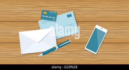 Flat vector illustration business content with mobile phone, credit card, envelopes and pen - eps 10 Stock Vector