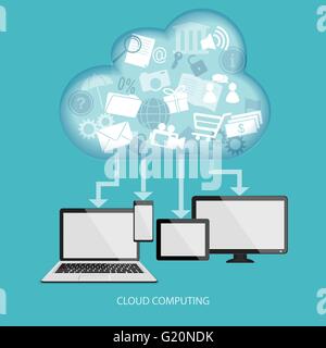 Cloud computing concept with computer, laptop, tablet and mobile phone. Vector illustration. EPS 10. Stock Vector