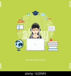 Flat design modern vector illustration concept of education, tutorials, learning with girl, globe, books and laptop - eps10 Stock Vector