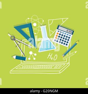Flat design vector  icons of school and hand drawn signs on green background. EPS 10 Stock Vector